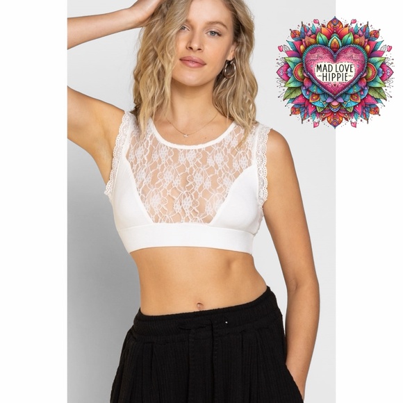 POL Ivory Floral Lace Mesh Crop Top Bralette - Picture 2 of 8
